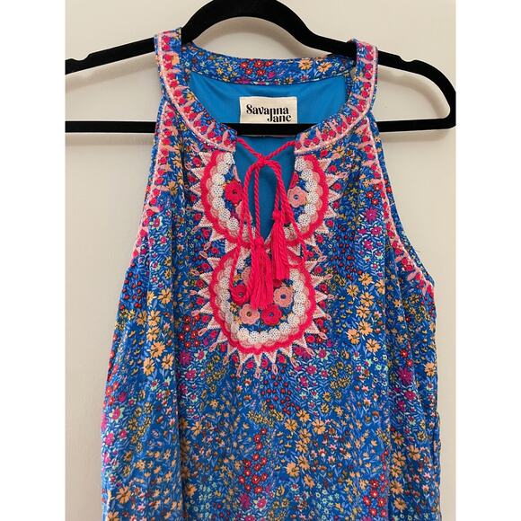Savannah Jane Small Shop Vibrant Blue Floral Summer Shift Dress w/ Embroidery L‎ - Picture 4 of 6